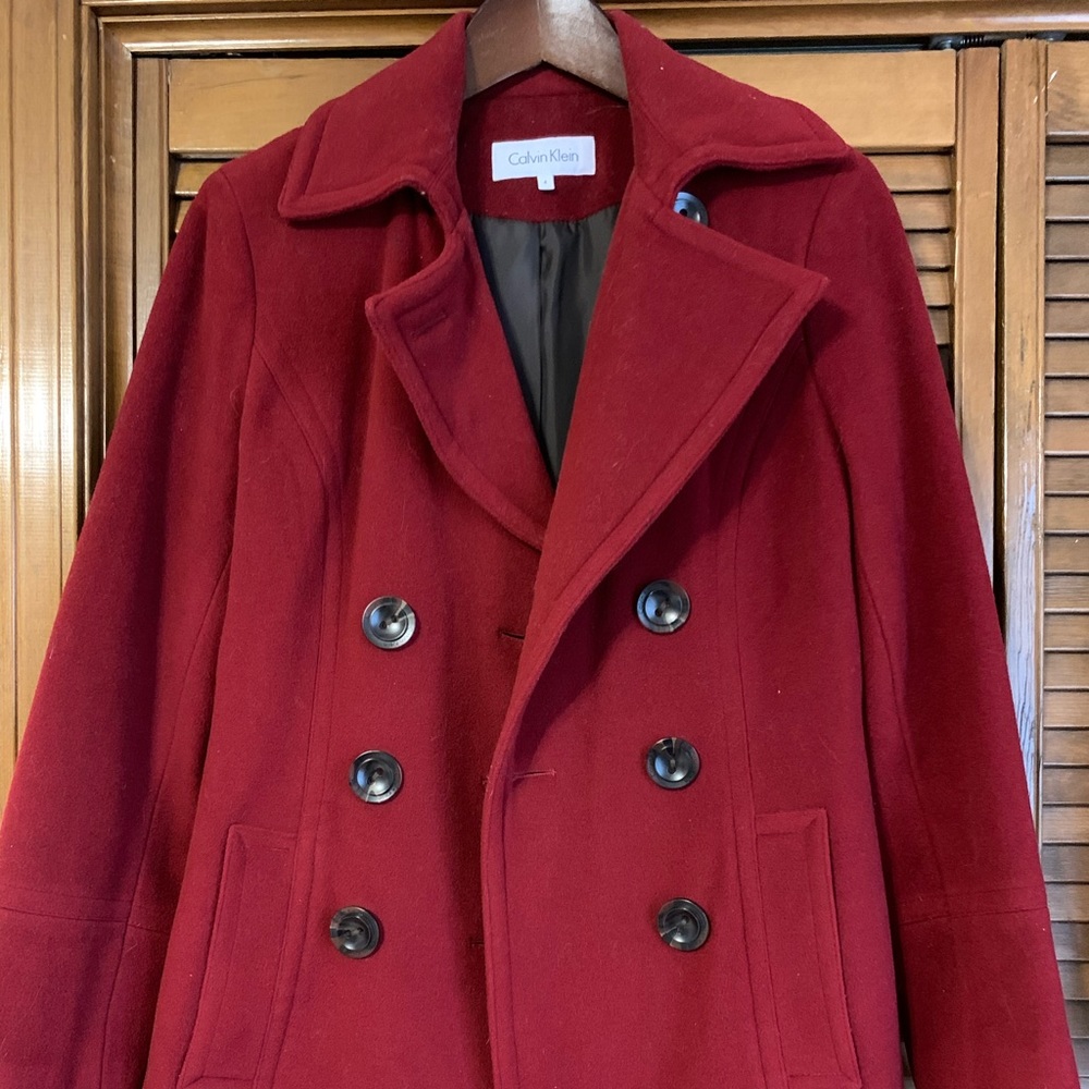 Calvin Klein red pea coat